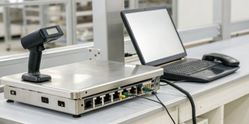 An industrial scale connected to a computer with a barcode scanner next to it