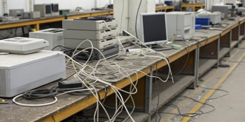 A cluttered and messy workstation with separate scales, PCs, and printers
