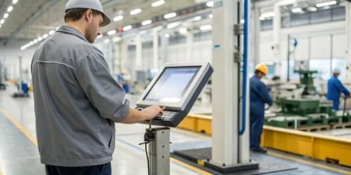 A factory worker interacting with the intuitive touchscreen interface of an intelligent scale.