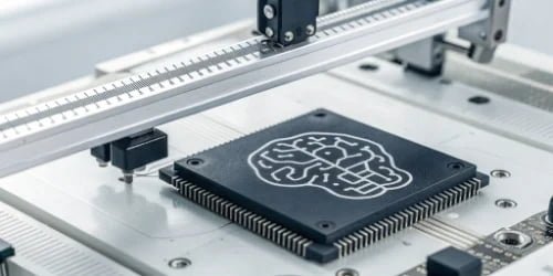 AI & Edge Computing on Scales An illustration of a microchip with a brain icon superimposed on an industrial scale