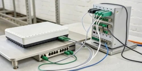 A visual schematic of a weighing scale connected to a PLC via Ethernet and Serial ports