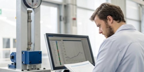 Assess Weighing System Scalability A technician examining technical documents and performance graphs on a computer screen next to an industrial scale.