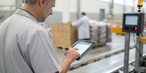 A manager reviewing real-time production data on a tablet, with the weigh-label station in the background