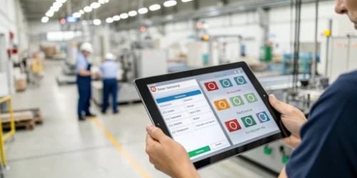A clean and user-friendly software dashboard being used on a tablet in a factory setting.