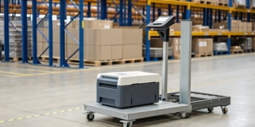 A programmable scale operating on a mobile cart in a warehouse, with no PC in sight.