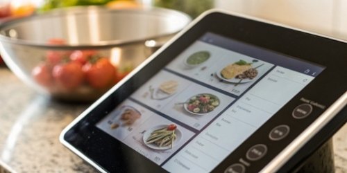 Smart Scale Guided Workflow A close-up of a smart scale's display showing recipe instructions.