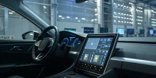 A futuristic dashboard with a notification pop-up saying "Predictive Maintenance Alert: Load Cell #3 requires inspection."
