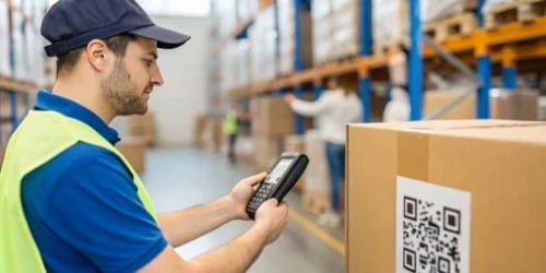 A delivery driver scanning a package with a QR code