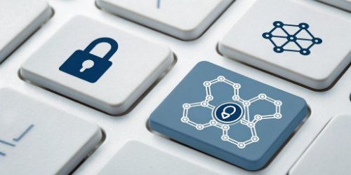 Icons representing encryption, digital signatures, and blockchain technology working together.