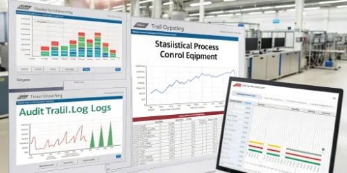 A collage of different analytical charts: SPC, OEE, and audit trail logs