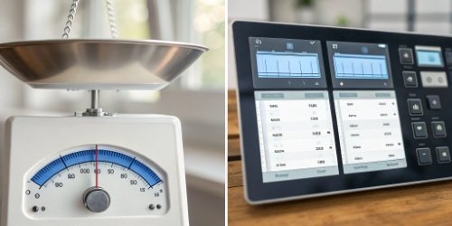 A split screen showing a standard scale display on one side and a custom software interface controlling a scale on the other.