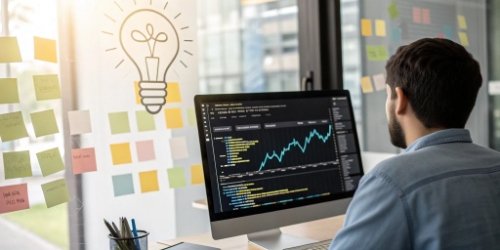 A developer looking at a screen with code and a graphical representation of weight data, with a lightbulb above their head.