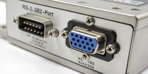 A close-up of an RS-232 (DB9) port on the back of a weighing indicator
