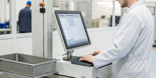 A user interacting with a custom software interface on a PC-based weighing scale