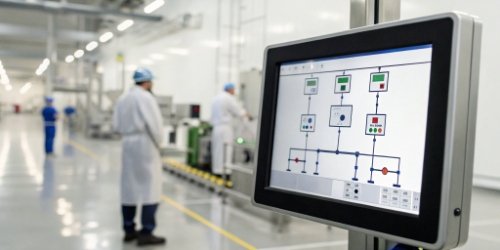 a workflow diagram on a smart screen guiding an operator through a weighing process