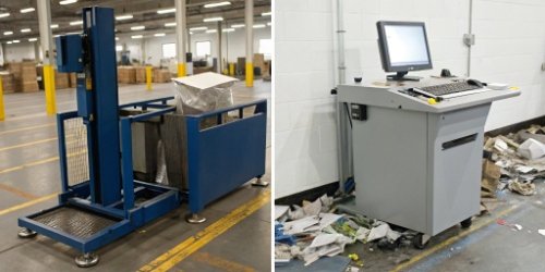 A side-by-side comparison showing a cluttered manual weigh station vs. a clean, automated station with a computer.
