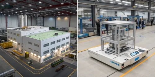 Digital Twin of Weighing Process A split screen showing a physical factory on one side and its identical digital 3D model on the other