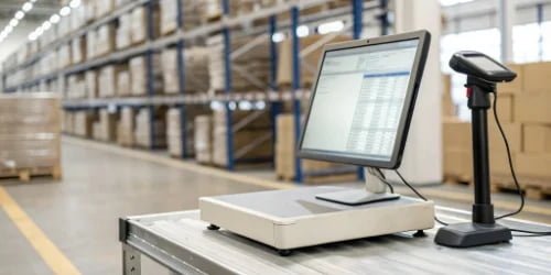 An integrated system showing a smart scale, barcode scanner, and computer screen with traceability software