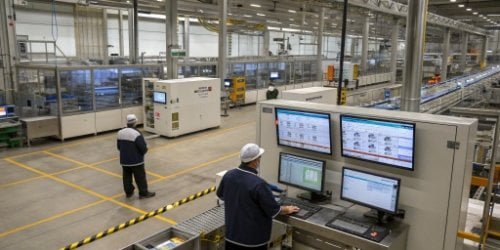 A factory floor with multiple smart scales feeding data to a central control room.