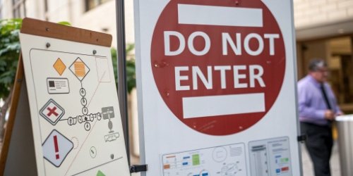 Avoiding Common Business Intelligence Implementation Mistakes A sign with a large "Do Not Enter" symbol over a poorly planned flowchart, representing common BI implementation mistakes.