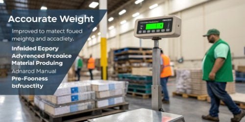 Improved Factory Floor Accuracy An industrial scale showing a green checkmark for an accurate weight, with workers in the background moving products efficiently.