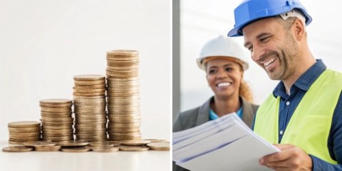 A divided image showing hard savings (money) and soft savings (happy workers, brand trust)