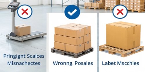 an infographic showing different types of shipping errors like wrong weight, wrong postage, and label mismatch being crossed out