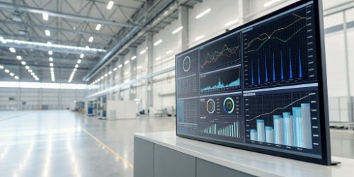 Supporting Better Analytics with Advanced Scales A futuristic dashboard with predictive analytics charts for a factory