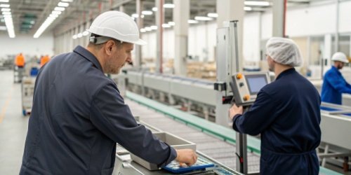 A manager overseeing a new digital weighing system installation