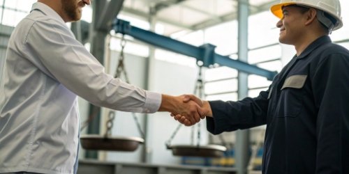 Vendor Partnership and Support Two professionals shaking hands in an industrial setting, with weighing equipment in the background, symbolizing a strong partnership.
