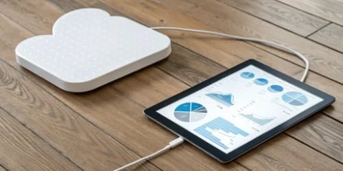 A diagram showing a scale sending data to the cloud (IoT), which is processed by an AI engine, and then displayed on a tablet managed by software.