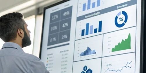 Weighing Data as a Strategic Asset A business intelligence dashboard showing KPIs like Profit, Inventory, and Quality being fed by an industrial scale icon