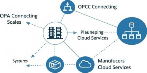 A network diagram showcasing OPC UA connecting scales, PLCs, and cloud services