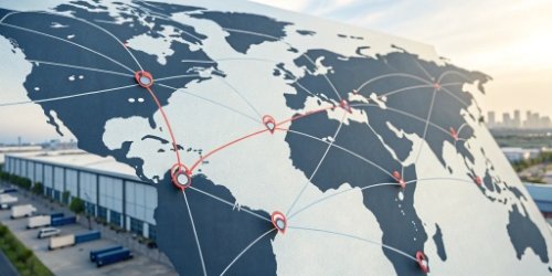A world map with pins in industrial hubs, showing lines connecting to a central software company icon.