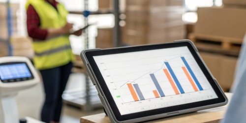 Live Inventory Tracking A dashboard on a tablet showing inventory levels updating in real-time as a scale prints a label in the background.