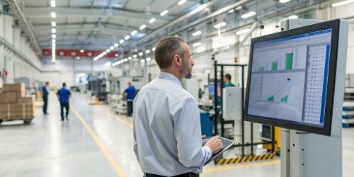 a manager reviewing production charts on an industrial scale's smart screen on the factory floor