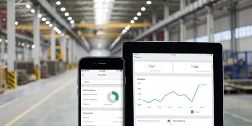 A smartphone and a tablet showing real-time alerts and performance dashboards from a factory floor