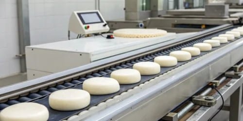 Several identical products rolling off a production line, with a smart scale visible in the quality control station.