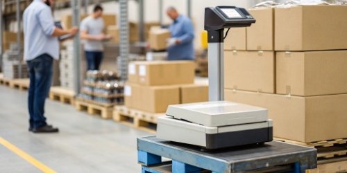 A modern weighing scale with an integrated label printer in a warehouse setting