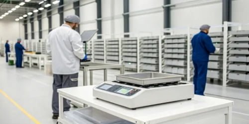 A Weigherps smart scale being used in a clean, professional warehouse environment