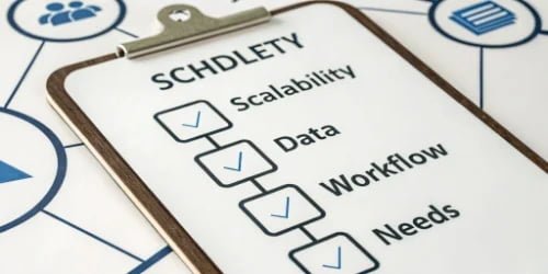 Choosing Your Weighing Solution A checklist icon with keywords like "Budget," "Scalability," "Data Needs," and "Workflow" surrounding it.