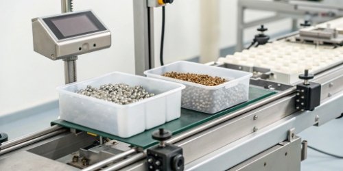 Label Printing Scale for Accurate Piece Counting A label printing scale accurately counting small screws and preparing to print a label