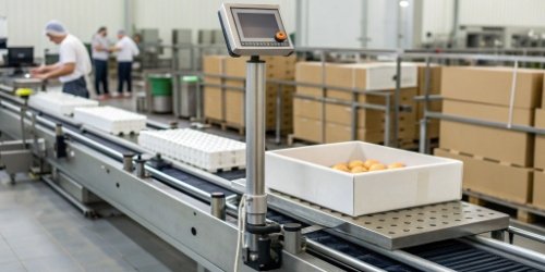 A label printing scale accurately weighing and labeling a product in an industrial setting.