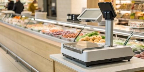 Label Printing Scale in Action A modern label printing scale in a supermarket deli section