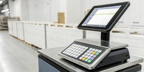 A smart label printing scale displaying a web application interface on its screen