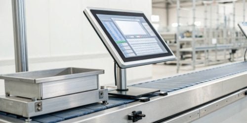 Integrated PC for Weighing Accuracy An industrial scale with an integrated PC screen displaying data