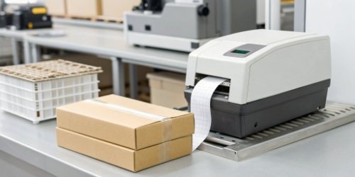 An integrated scale printer neatly printing a label next to a packaged product.