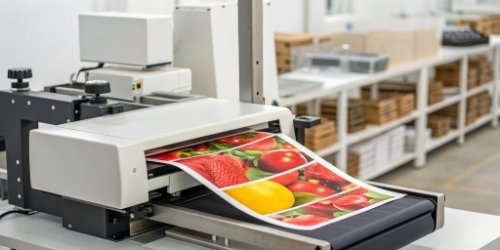 A modern industrial scale printing a vibrant, full-color label with a company logo and product image.