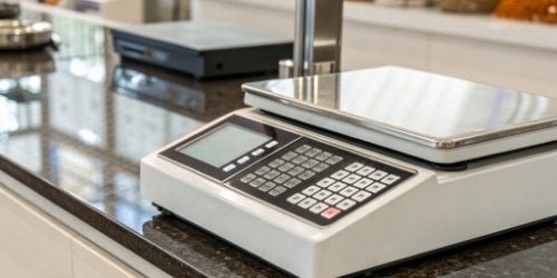 A close-up of a modern smart PC scale in a retail environment.