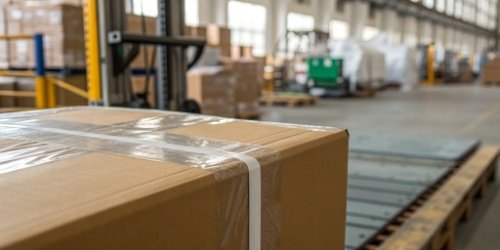 A close-up of a durable, crisp label on a package in a warehouse